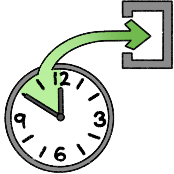 a clock with ten minutes of it highlighted in green. From the green section is an arrow leading out a doorway.